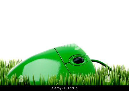 horizontale Nahaufnahme einer grünen Computermaus auf Rasen Stockfoto