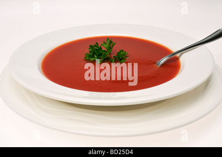 Schüssel mit Tomatensuppe mit einem Zweig Petersilie in Schüssel weiß auf weißem Hintergrund. Stockfoto