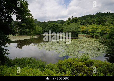 Teich des japanischen Gartens an Ryōan-Ji-Tempel. Kyoto. Kansai (aka Kinki) Region. Japan Stockfoto