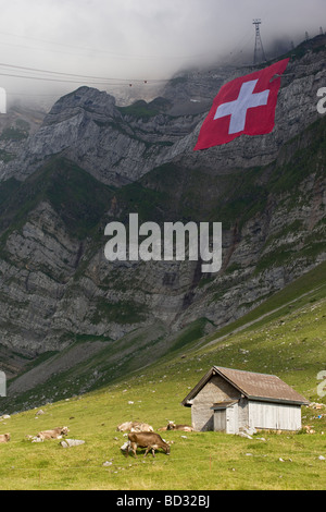 Größte Schweizer Flagge jemals produziert entrollte auf der Klippe nördlich des Säntis für den Schweizer Nationalfeiertag 01.08.2009, Schwägalp, CH Stockfoto