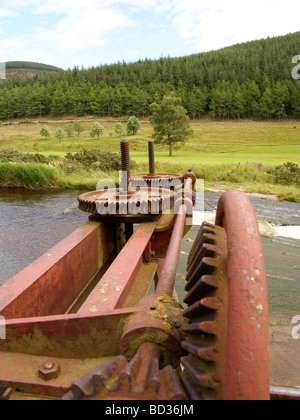 Zahnräder für das Öffnen der Schleusen am Staudamm auf der Leithen Wasser oben Innerleithen, Grenzen Region Schottland Stockfoto