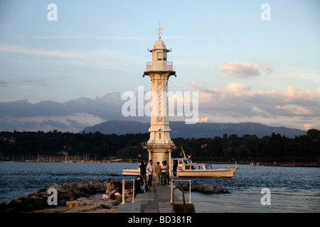 Leuchtturm auf den Genfer See, Genf, Schweiz, Europa Stockfoto