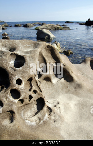 Muster auf Wetter Zeit erodiert Felsformation an Küste Meer, Italien Stockfoto