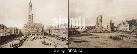 Arras, Frankreich. Das Rathaus in der Petite Ort vor und nach der Schlacht von Arras im ersten Weltkrieg. Stockfoto