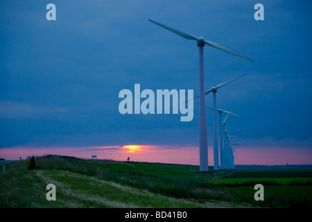 Landschaft mit Windrädern bei Sonnenuntergang in Almere Niederlande Stockfoto