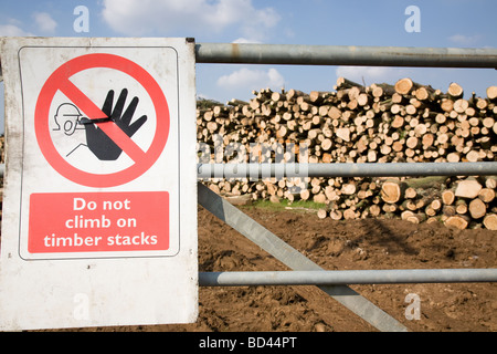 Nicht klettern auf Holz stapeln Schild vorne von gefälltem Holz gestapelt bereit zur Abholung Stockfoto