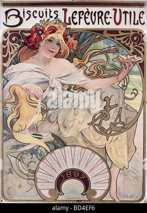 Bildende Kunst, Mucha, Alfons (1860-1939), Poster, 1897, Werbung für Kekse Lefevre-Utile, Lefèvre Utile, Jugendstil, Alph Stockfoto