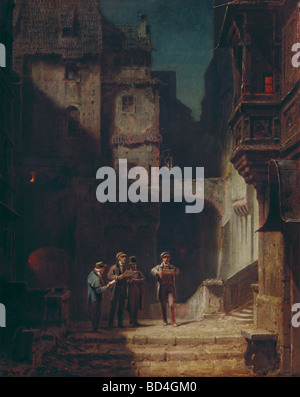 Bildende Kunst, Spitzweg, Carl (1808 – 1885), Malerei, "Staendchen" (Serenade), Öl auf Leinwand, Wimmer-Galerie, München, Deutschland, K Stockfoto