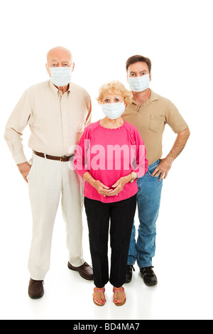 Gruppe von Erwachsenen Gesicht tragen Masken und besorgt über die Grippe Ganzkörper auf weiß isoliert Stockfoto