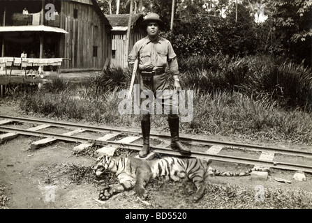 Sultan von Johor posiert mit toten Tiger Stockfoto