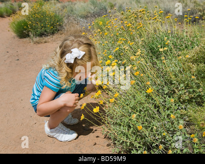 Ein junges Mädchen von Wildblumen in Red Rock Stockfoto