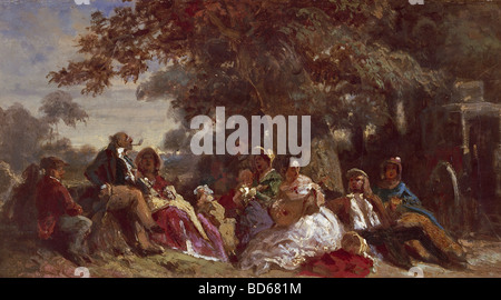 Bildende Kunst, Spitzweg, Carl (1808 – 1885), Malerei, Truppe von Schauspielern ruht im Freien, Öl auf Holz, Reinhart-Stiftung, Wintert Stockfoto