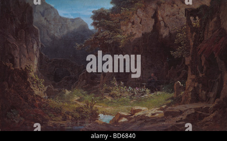 Bildende Kunst, Spitzweg, Carl (1808 – 1885), Malerei, "Einsiedler, Violine Spielend" (Einsiedler spielt Geige), Öl auf Leinwand, 54 Stockfoto