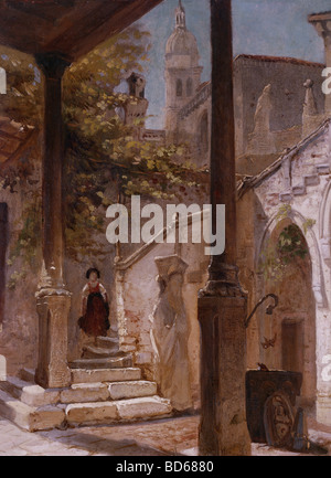 Bildende Kunst, Spitzweg, Carl (1808 – 1885), Malerei, Mädchen auf Schritte, Privatsammlung, Karl, Deutsch, Biedermeier, 19. Jahrhundert, w Stockfoto