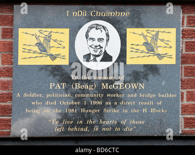 Gedenktafel an der Fassade des Sinn Féin Wahlkreisbüro in der Falls Road, Belfast, Gedenken an Pat McGeown, gestorben 1996 Stockfoto