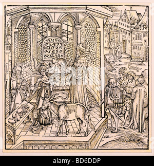 Virgil (Publius Vergilius Maro), 15.10.70 v. Chr. - 21.9.19 n. Chr., römischer Auhor/Schriftsteller, Werke, 'Aeneid', 29 - 19 v. Chr., 4. Buch, Illustration, Holzschnitt, Dido opfere den Göttern, herausgegeben von Hans Sachs, gedruckt von Johannes Grueninger, Straßburg, 1502, Privatsammlung, Stockfoto