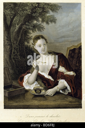 bildenden Künste, Troy, Jean Francois de, (1679-1752), 'Dame Prenant le Chocolat' (Dame, die Schokolade), Stahlstich von Alb Stockfoto