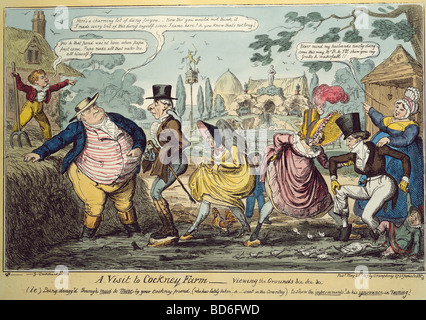 Bildende Kunst, Cruikshank, George (1792-1819), Grafik, "ein Besuch von Cockney Farm", Aquatinta, G. Humphrey, London, 1819, Münchner Stadtmuseum,, Artist's Urheberrecht nicht geklärt zu werden. Stockfoto