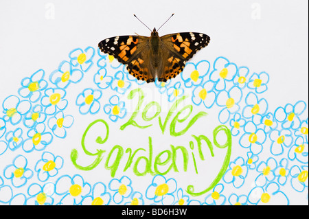 Distelfalter Schmetterling auf Liebe Gartenarbeit und Blumen zeichnen Stockfoto