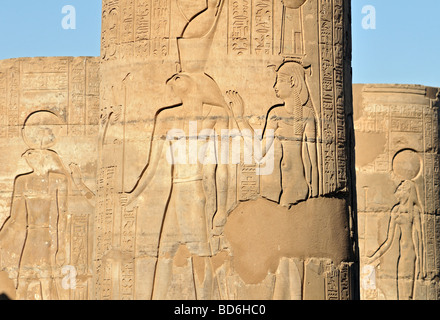 Darstellung des Horus Gott Säulen der zerstörten römischen Vorhof des Tempels von Haroeris und Sobek in Kom Ombo Ägypten Stockfoto