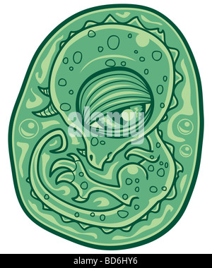 Comic-Illustration eines Baby-Dinosaurier-Embryos in einem Ei. Stockfoto