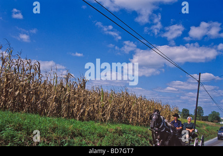 Amische Pärchen im offenen Wagen Pferd & Buggy Reisen Lancaster County PA Landstraße Stockfoto