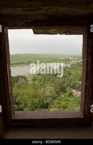Ranthambore Waldblick aus dem Fenster des Ranthambore Fort Rajasthan, Indien. Stockfoto
