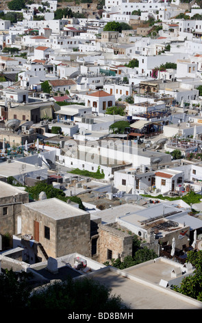 Blick über die Stadt Lindos, Rhodos, Dodekanes, Griechenland Stockfoto