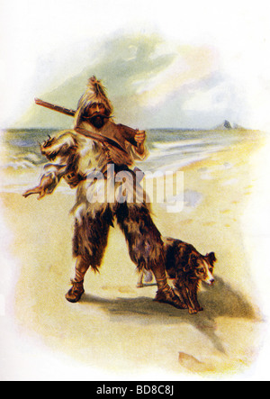 Robinson Crusoe Spaziergänge mit seinem Hund auf einer einsamen tropischen Insel in der Nähe von Venezuela. Stockfoto