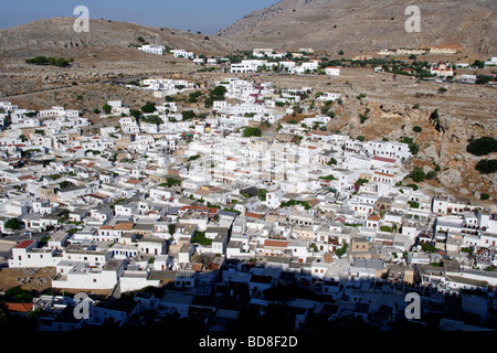 Blick über die Stadt Lindos, Rhodos, Dodekanes, Griechenland Stockfoto