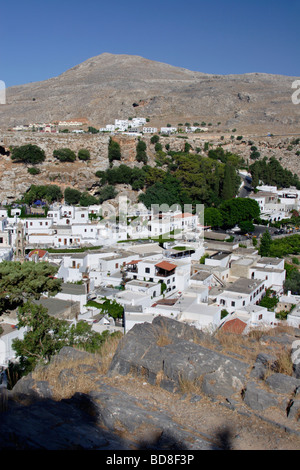 Blick über die Stadt Lindos, Rhodos, Dodekanes, Griechenland Stockfoto