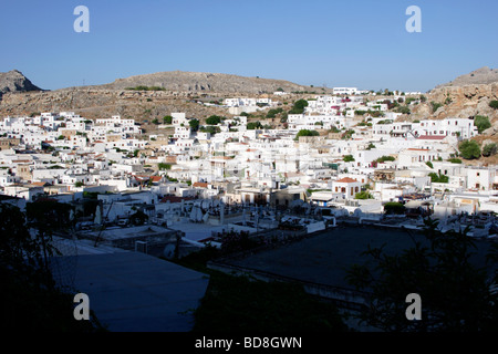 Blick über die Stadt Lindos, Rhodos, Dodekanes, Griechenland Stockfoto