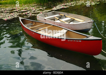 Ruderboote unter den Seerosen am schönen und ruhigen Holländer See in Clearwater, Britisch-Kolumbien, Kanada Stockfoto