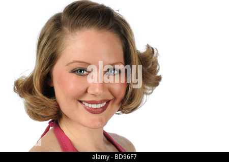 Portrait der schönen Frau lächelnd isoliert auf weißem Hintergrund Stockfoto