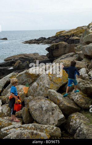 Jungen mit Netzen und Eimer gehen "Rockpooling" an der Küste in der Nähe von Mousehole, Cornwall Stockfoto