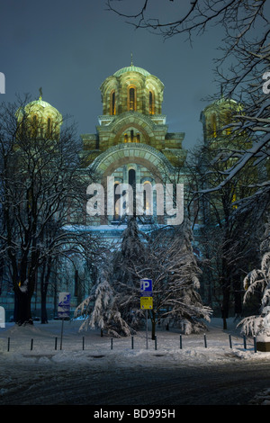 Belgrad-Winternacht - Kirche St. Marko Schnee Stockfoto