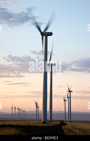 Windpark in der Abenddämmerung Oregon in Betrieb Stockfoto