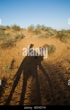 Ein Schatten der Kamelreiter auf einem baktrischen (zwei bucklig) Kamel in Kyzyl Kum Wüste in Usbekistan. Stockfoto