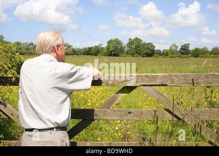 Älterer Mann stützte sich auf fünf vergitterten Tor mit Blick auf ein Feld von Blumen, um einen Blick auf die Landschaft Stockfoto