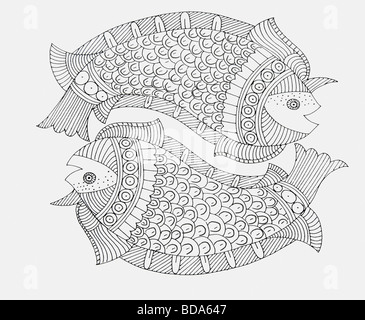 Madhubani Gemälden Sternzeichen Fische Stockfoto