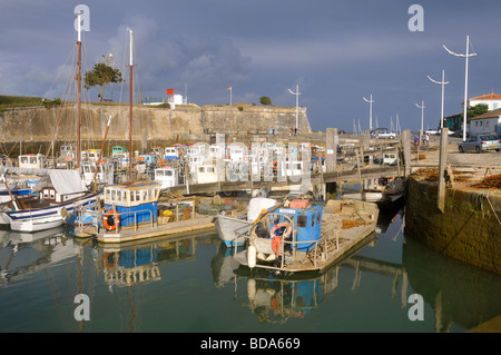 Teller, flache Auster Boote im Hafen von Château günstig d'Oléron, Ile d'Oléron, Frankreich. Stockfoto