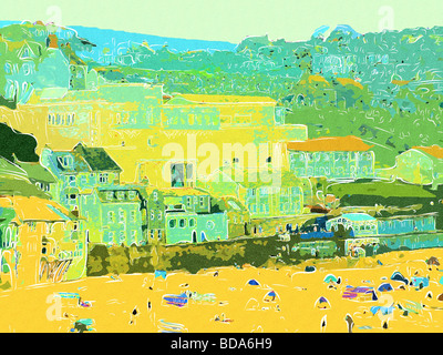 Blick auf das Museum Tate St Ives Cornwall mit Strand im Vordergrund digital verändert Stockfoto