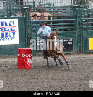 Cowgirl rundet den Lauf mit einem Kleinstadt-Rodeo Stockfoto