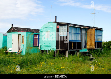 Hütten in einem Fiskecamp, Kamtschatka, Russland Stockfoto