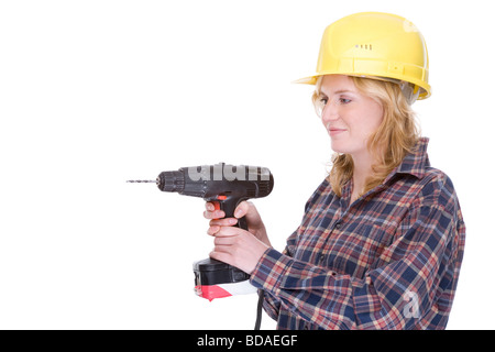 Voll isolierte Porträt einer schönen kaukasischen Handwerkerin mit einer Bohrmaschine Stockfoto