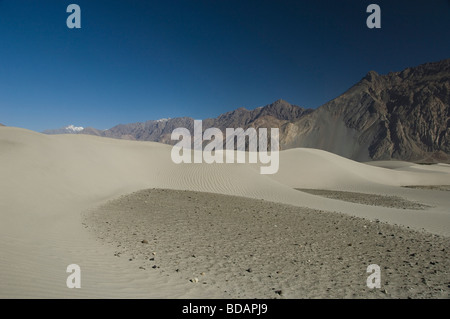 Sanddünen in der Wüste mit Bergketten im Hintergrund, Hunder Nubra Tal, Ladakh, Jammu und Kaschmir, Indien Stockfoto