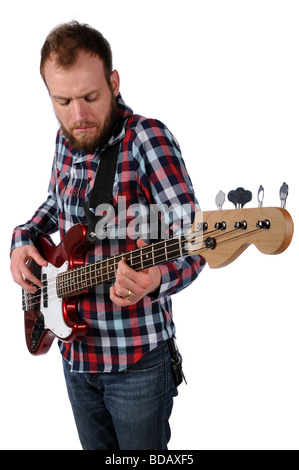 Mann Basis Gitarre isoliert auf weißem Hintergrund Stockfoto