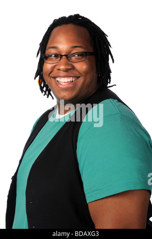 Young African American Mann lächelnd über weißen isoliert Stockfoto