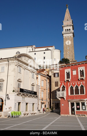 Piran Altstadt, Blick vom Tartini-Platz. Slowenien. Stockfoto