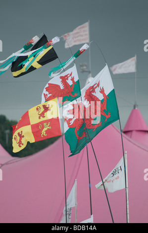 verschiedenen walisische Fahnen flattern im Wind an das National Eisteddfod Wales Bala August 2009 Stockfoto